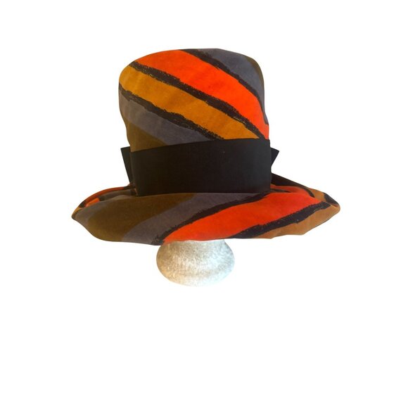 Vintage Quaker Maid Womens Hat Bow & Bold Striped Design Orange Brown Retro - Picture 3 of 6